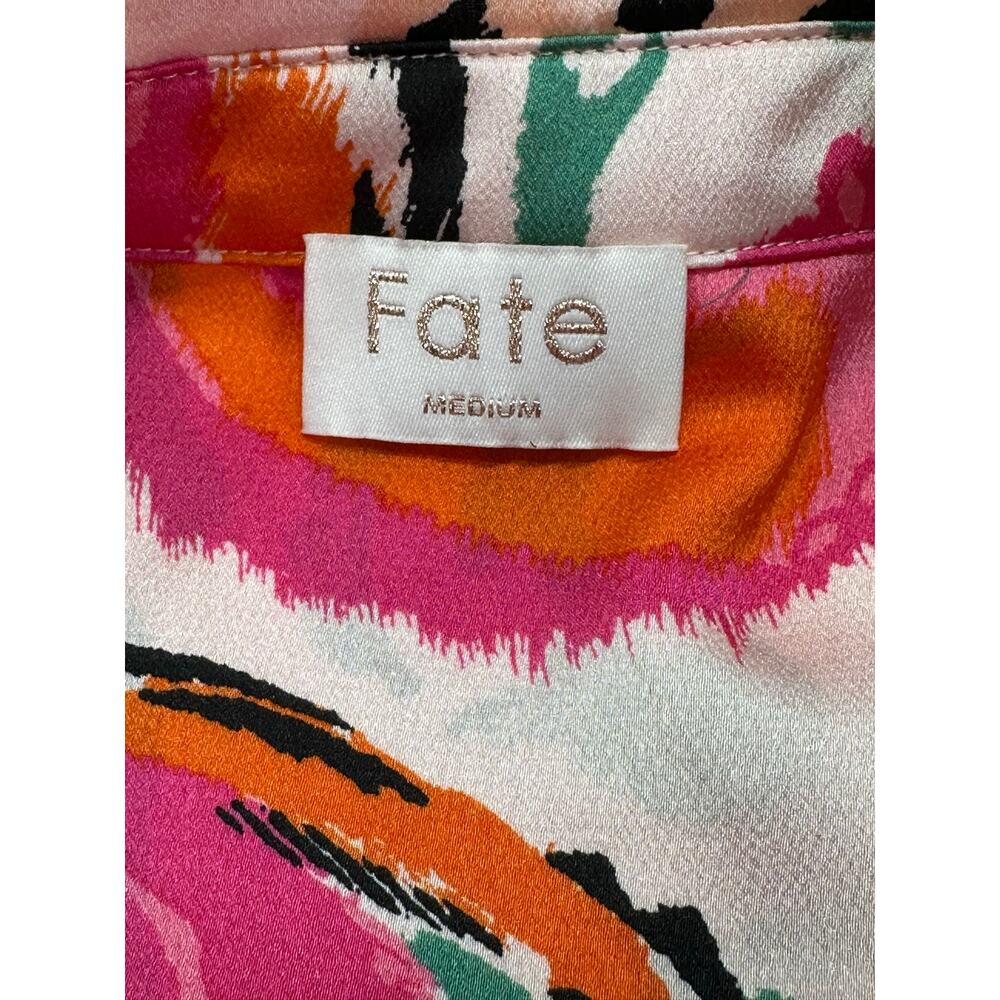 Fate Abstract Paisley Satin Button Down Blouse Pink Green Orange Size Medium - Picture 7 of 10